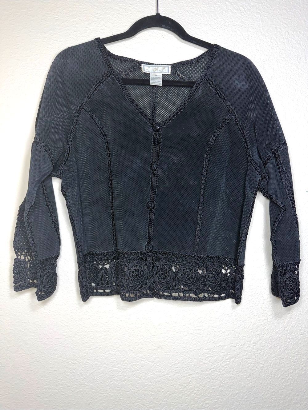 SMH Boutique Whimsigoth Vintage 90s Suede Patchwork Crochet Cardigan Top Black M